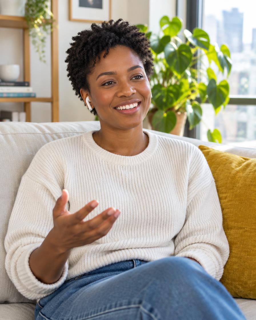 Woman enjoying a voice call from her sofa